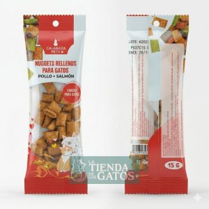 Nuggets rellenos de pollo y salmón para gatos. Bolsa por 15 gramos