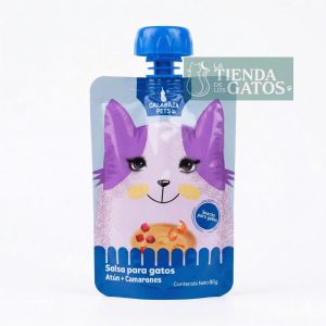Salsa untable con sabor a atún y camarones para gatos. Bolsa x 80 gramos